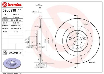 Tarcza hamulcowa BREMBO 09 C938 11 31400778 VOLVO XC90 II  15- TYŁ