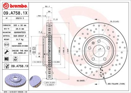 Tarcza hamulcowa BREMBO 09 A758 1X 8K0615301A AUDI A4  07- PRZÓD