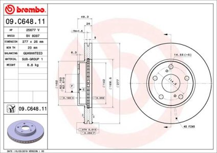 TARCZA HAMULCOWA BREMBO 09 C648 11 4351202330 TOYOTA AURIS 12-18 PRZÓD