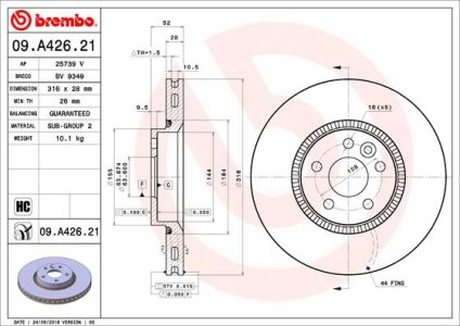 Tarcza hamulcowa BREMBO 09 A426 21 31400764 VOLVO S80 II  06