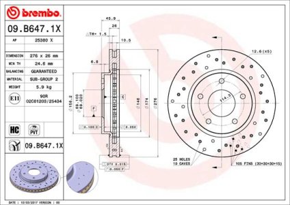 Tarcza hamulcowa BREMBO 09 B647 1X MN116330 MITSUBISHI LANCER  08- PRZÓD
