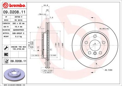 Tarcza hamulcowa BREMBO 09 D208 11 34116866293 BMW I3  13- PRZÓD