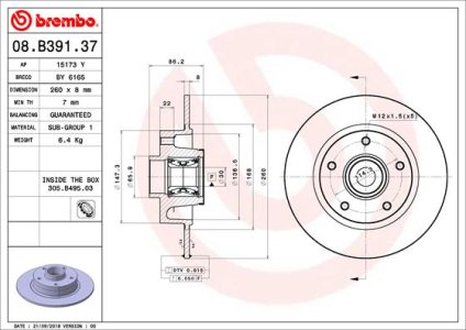 Tarcza hamulcowa + łożysko BREMBO 08B39137 432006609R RENAULT TYŁ