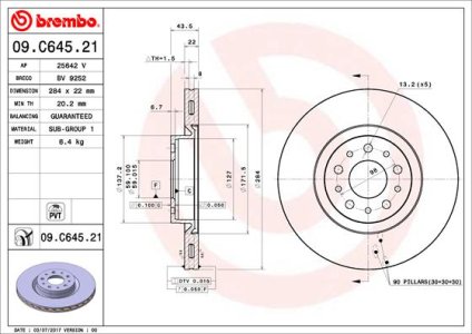 Tarcza hamulcowa BREMBO 09 C645 21 51990127 FIAT TIPO  15- PRZÓD