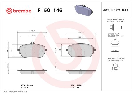 KLOCKI HAMULCOWE BREMBO P50146 0004206902 MERCEDES W177 A-KLASA 18- PRZÓD