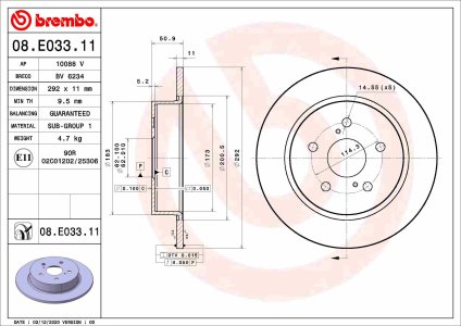 Tarcza hamulcowa BREMBO 08.E033.11 42431F4020 TOYOTA C-HR 19- tył
