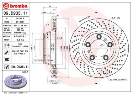 Tarcza hamulcowa BREMBO 09.D935.11 99135240200 PORSCHE 911 (991) 12- PT