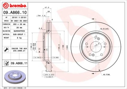 Tarcza hamulcowa BREMBO 09 A866 11 45251SWWG01 HONDA CR-V III  07- PRZÓD
