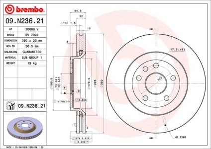 Tarcza hamulcowa BREMBO 09 N236 21 68035012AB JEEP GRAND CHEROKEE  10- PRZÓD