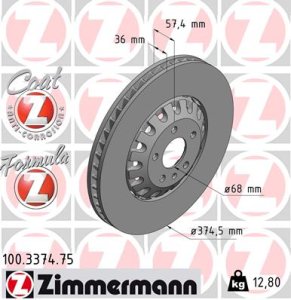 Tarcza hamulcowa ZIMMERMANN 100 3374 75 4M0615301AD AUDI A6  18- PRZÓD