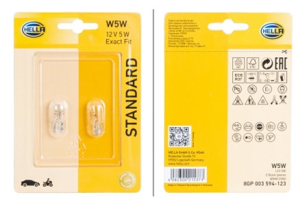 ŻARÓWKA W5W 5W 12V HELLA 8GP 003 594 123 W5W BLISTER 2 szt.