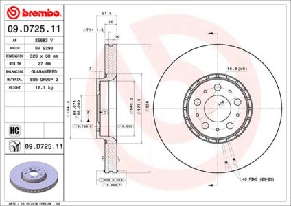 Tarcza hamulcowa BREMBO 09 D725 11 31400893 VOLVO XC90 II  15- PRZÓD