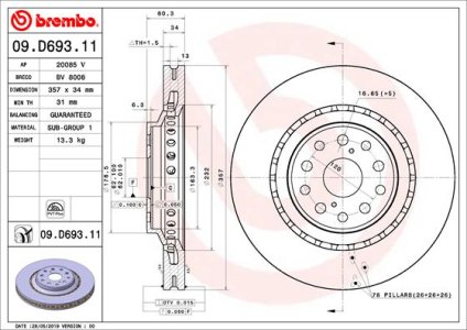 TARCZA HAMULCOWA BREMBO 09 D693 11 4351250250 LEXUS LS460 06- PRZÓD