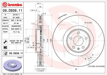 TARCZA HAMULCOWA BREMBO 09 D939 11 95B615302J PORSCHE MACAN 14- PP