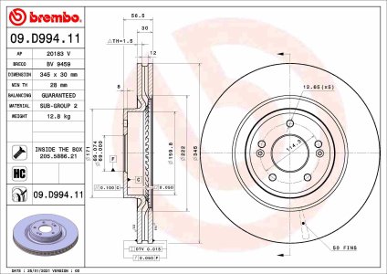Tarcza hamulcowa BREMBO 09.D994.11 51712J5250 KIA STINGER 17- przód