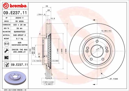 Tarcza hamulcowa BREMBO 09.E237.11 517124Z000 HYUNDAI SANTA FE III 12- przód