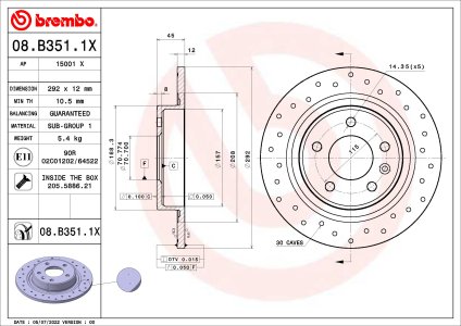 Tarcza hamulcowa BREMBO 08.B351.1X 569071 OPEL ASTRA J 09-15 tył