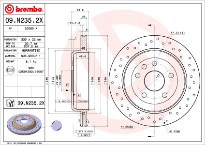 Tarcza hamulcowa BREMBO 09.N235.2X 68035022AB JEEP GRAND CHEROKEE 10- tył