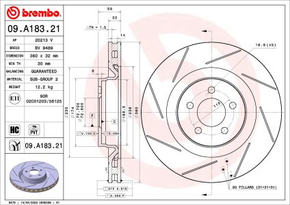 Tarcza hamulcowa BREMBO 09.A183.21 5290537AC CHRYSLER 300C 04- przód