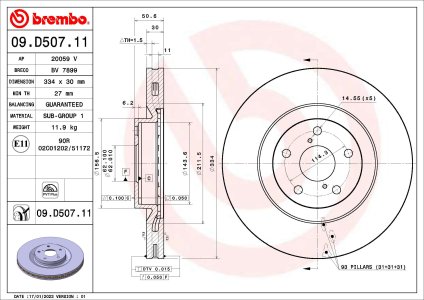 Tarcza hamulcowa BREMBO 09.D507.11 4351630040 LEXUS GS 11- przód