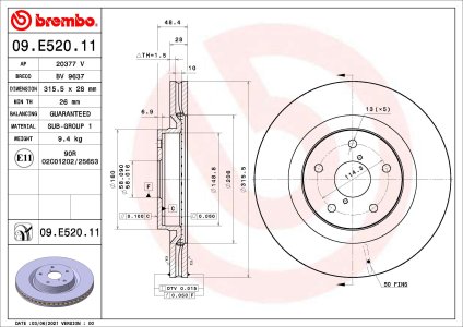 Tarcza hamulcowa BREMBO 09.E520.11 26300SJ010 SUBARU FORESTER 18- przód