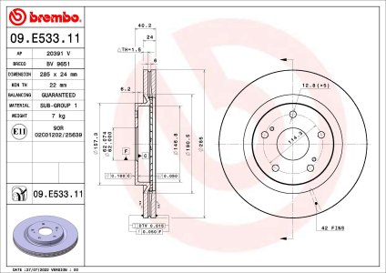 Tarcza hamulcowa BREMBO 09.E533.11 5531168R00 SUZUKI SWIFT V 17- przód
