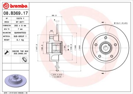 Tarcza hamulcowa BREMBO 08.B369.17 432001539R TYŁ