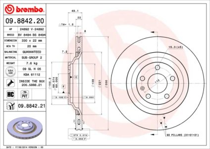 Tarcza hamulcowa BREMBO 09.8842.21 4F0615601F