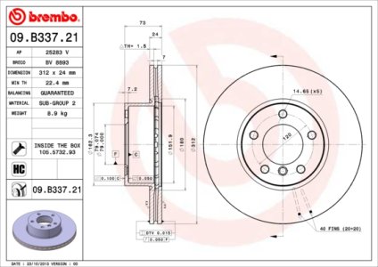 Tarcza hamulcowa BREMBO 09.B337.21 34116774875 PRZÓD