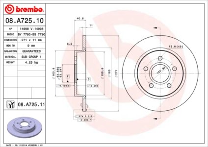 Tarcza hamulcowa BREMBO 08 A725 11 1704765 FORD FOCUS  11- TYŁ