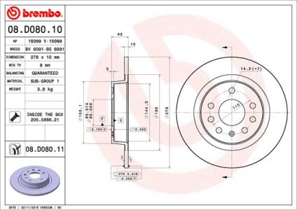 Tarcza hamulcowa BREMBO 08 D080 11 569122 OPEL ASTRA H 05-10 TYŁ 2,0 TURBO