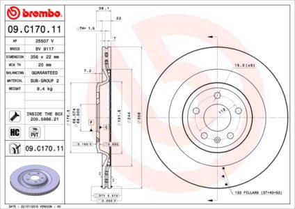 Tarcza hamulcowa BREMBO 09C17011 4H0615601F AUDI A6  11- TYŁ