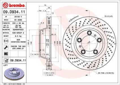TARCZA HAMULCOWA BREMBO 09 D934 11 99135240100 PORSCHE 911 (991) 12- LT