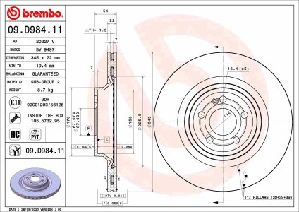 Tarcza hamulcowa BREMBO 09.D984.11 1674238900 MERCEDES V167 GLE 18- tył