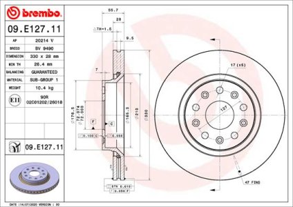 Tarcza hamulcowa BREMBO 09.E127.11 68250085AA przód JEEP WRANGLER IV 17