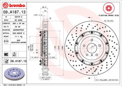 Tarcza hamulcowa BREMBO 09.A187.13 40206JF20A