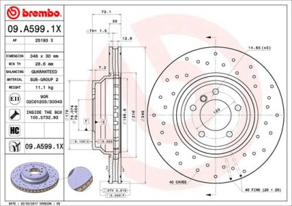 Tarcza hamulcowa BREMBO 09 A599 1X 34116770729 BMW 3 E90  05-  PRZÓD