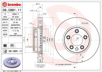 Tarcza hamulcowa BREMBO 09 C881 11 7L6615301D VW TOUAREG  03- PRZÓD