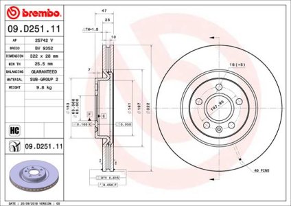 Tarcza hamulcowa BREMBO 09D25111 31423724 VOLVO S90 II  16- PRZÓD