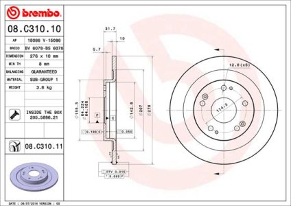Tarcza hamulcowa BREMBO 08 C310 11 42510TV0E00 HONDA CIVIC IX  12- TYŁ