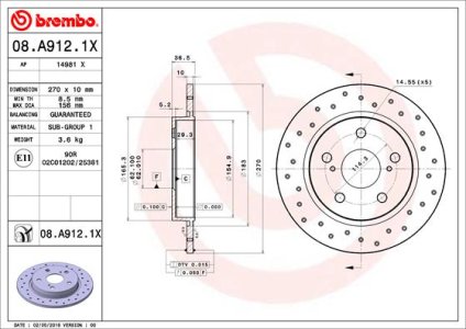 TARCZA HAMULCOWA BREMBO 08.A912.1X tył TOYOTA AURIS  07
