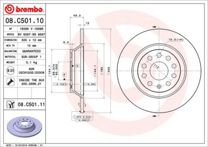 Tarcza hamulcowa BREMBO 08 C501 11 3Q0615601 VW GOLF VII  12- TYŁ