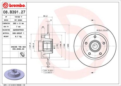 Tarcza hamulcowa +łożysko BREMBO 08 B391 27 432006506R (ZEST. 1 SZT) RENAULT TYŁ