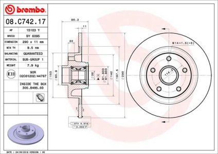 Tarcza hamulcowa +łożysko BREMBO 08 C742 17 432027306R (ZEST. 1 SZT) RENAULT