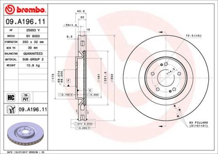 Tarcza hamulcowa BREMBO 09.A196.11 MITSUBISHI LANCER EVO X  08-15