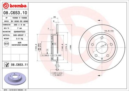 Tarcza hamulcowa BREMBO 08 C653 11 B45G26251A MAZDA 3  13- TYŁ