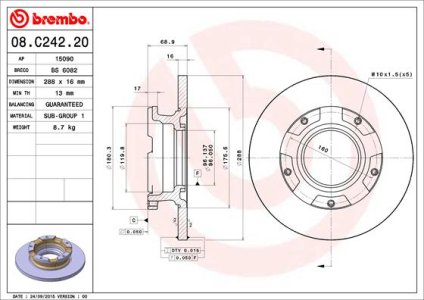 Tarcza hamulcowa BREMBO 08 C242 20 1764283 FORD TRANSIT CUSTOM  12- TYŁ