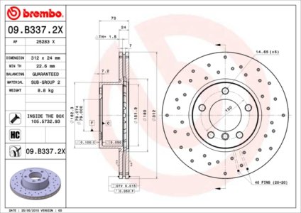 Tarcza hamulcowa BREMBO 09 B337 2X 34116774875 BMW 3 E90  05
