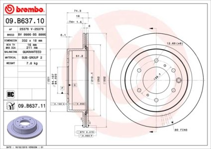 Tarcza hamulcowa BREMBO 09.B637.11 tył MITSUBISHI PAJERO  07