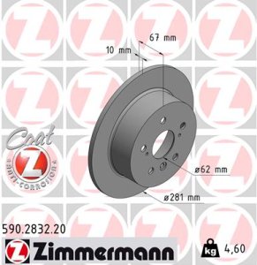 Tarcza hamulcowa ZIMMERMANN 590283220 4243106120 TOYOTA CAMRY  11- tył